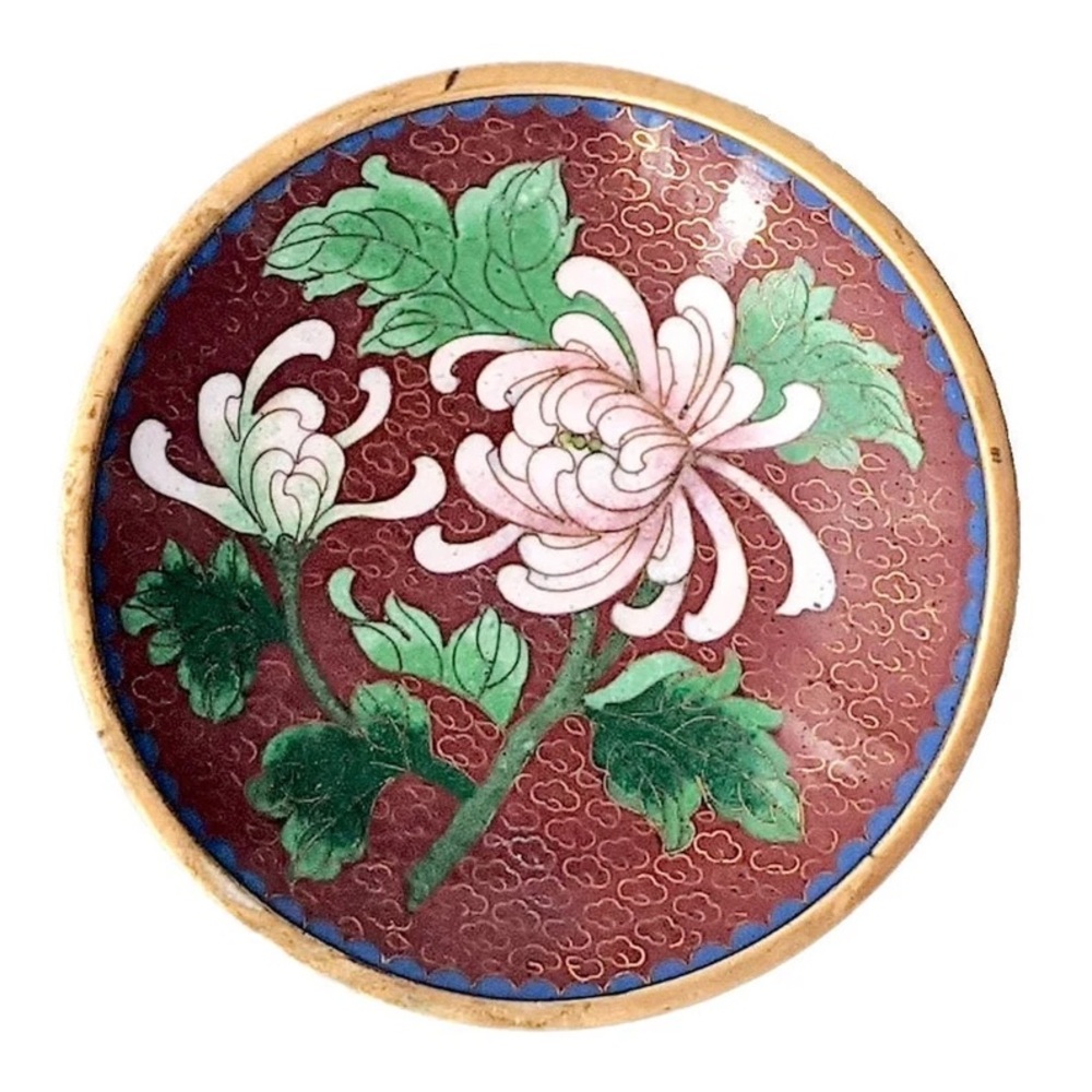Vintage Cloisonné Floral Trinket Dish in Pink, Green & Red
